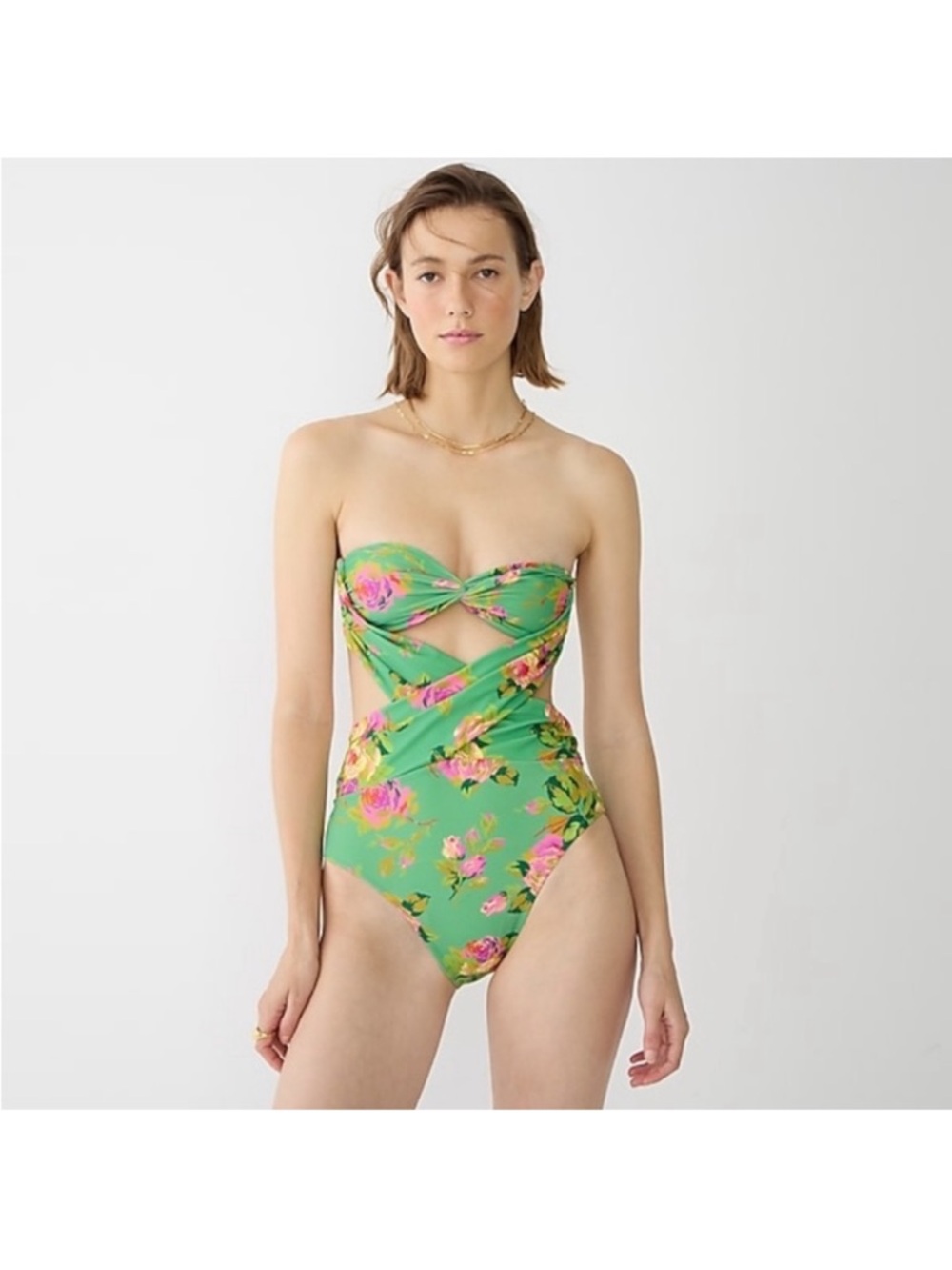 NWT J.Crew Crisscross Cutout Bandeau One-piece in Rose Garden Classic Green - Picture 2 of 4
